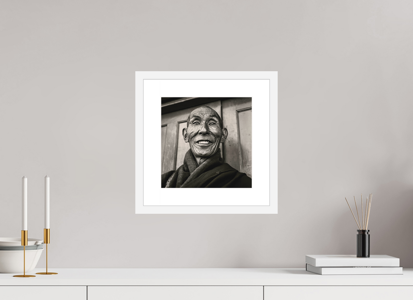 10 x 10″, Solid 0.8" White Wood Frame With 2" Natural White Passe-Partout with Museum Glass Reincarnated Tibetan Monk, Tibet