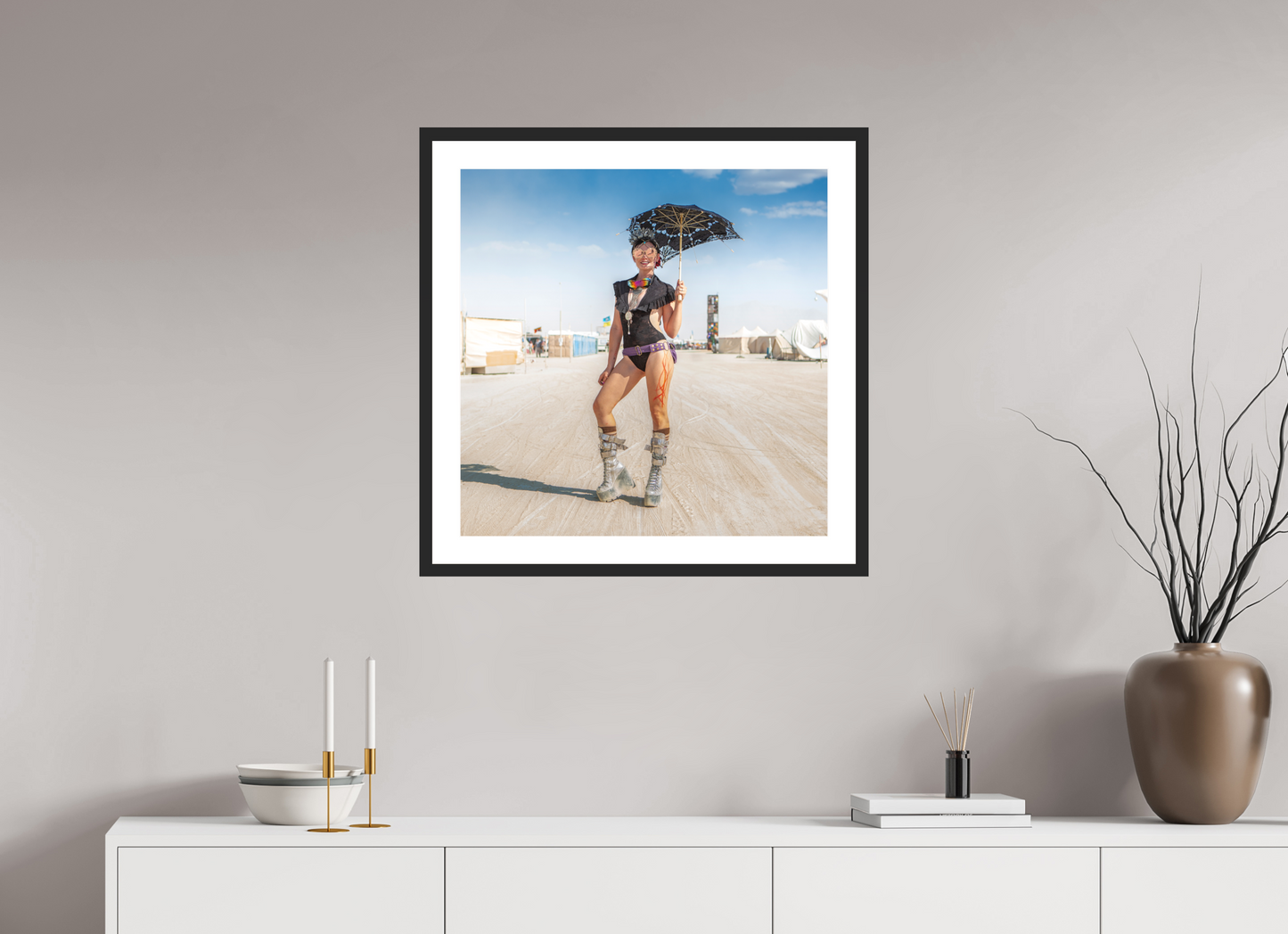 25 x 25″, Solid 0.8" Black Wood Frame With 2" Natural White Passe-Partout with Museum Glass Burning Man - Attendee with Parasol