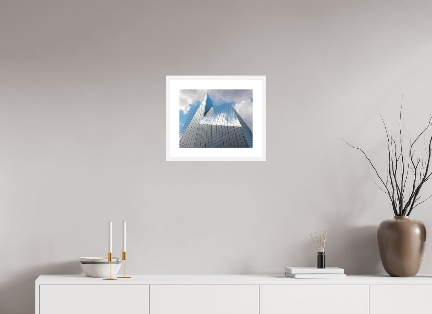 15 x 12″, Solid 0.8" White Wood Frame With 2" Natural White Passe-Partout with Museum Glass Bank of America Tower