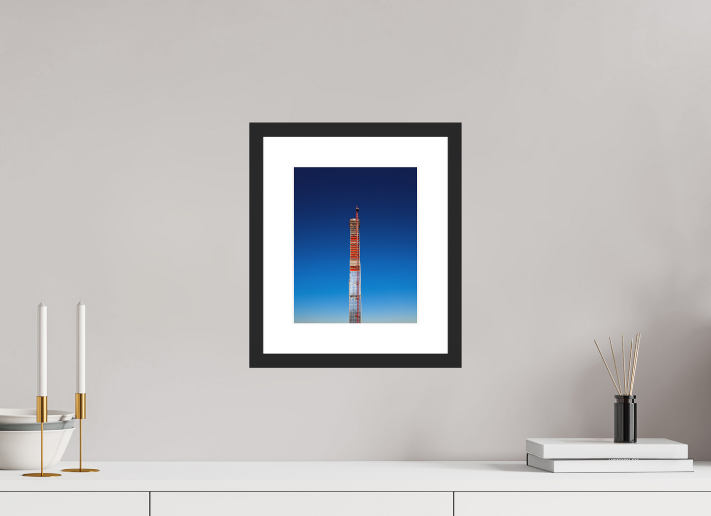 8 x 10″, Solid 0.8" Black Wood Frame With 2" Natural White Passe-Partout with Museum Glass Steinway Tower Under Construction