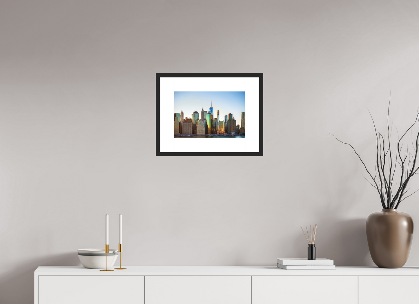 15 x 10″, Solid 0.8" Black Wood Frame With 3" Natural White Passe-Partout with Museum Glass Lower Manhattan