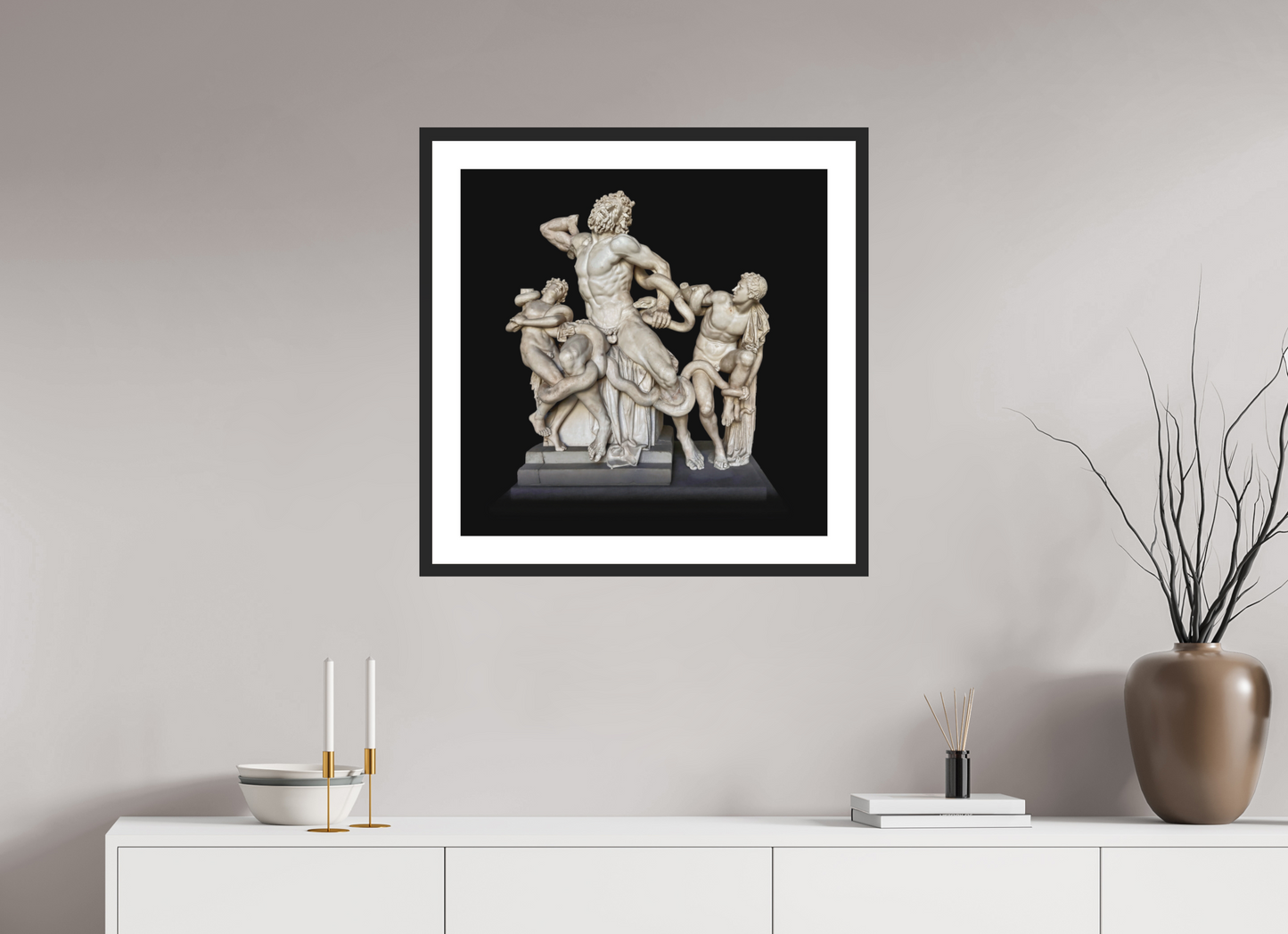25 x 25″, Solid 0.8" Black Wood Frame With 2" Natural White Passe-Partout with Museum Glass Laocoön and his Sons Roman Sculpture