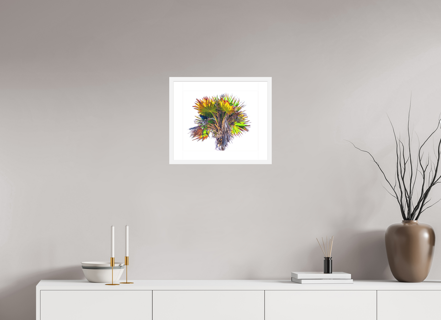 15 x 12″, Solid 0.8" White Wood Frame With 2" Natural White Passe-Partout with Museum Glass Black Bird in Palm Tree