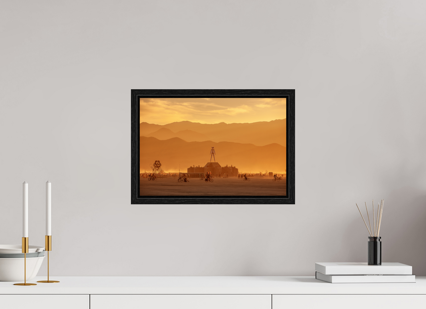 15 x 10″, Floater Frame Burning Man - Burning Man and Mountains