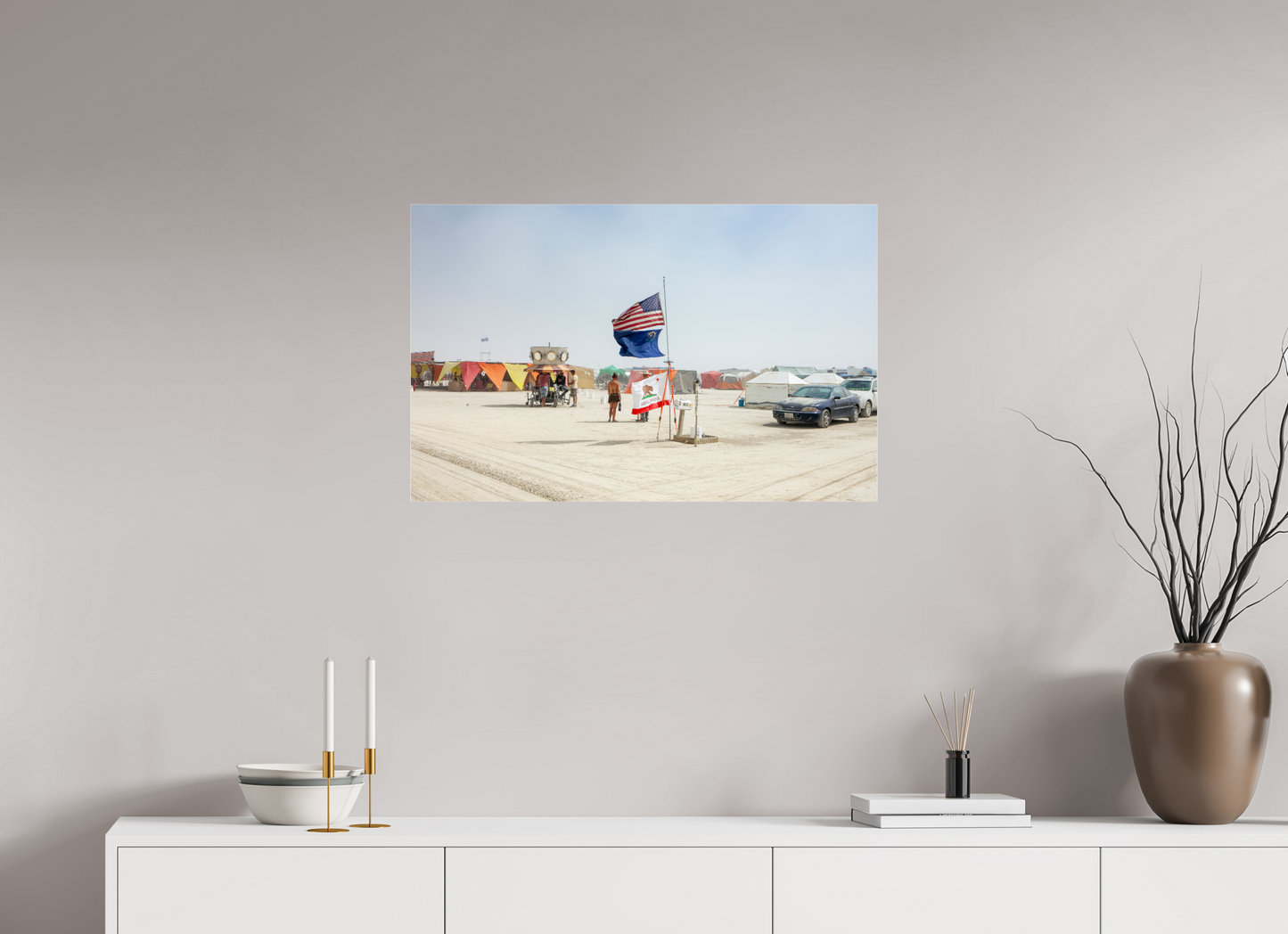 31.4 x 20″, Frameless Acrylic Glass Burning Man - Woman and Flags