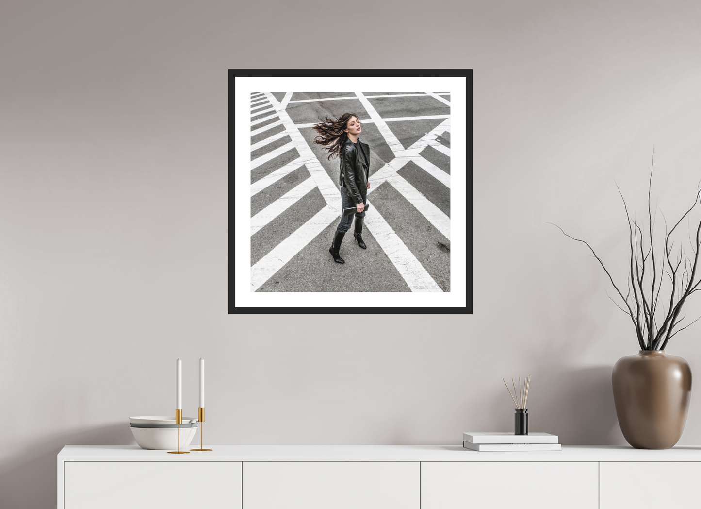 25 x 25″, Solid 0.8" Black Wood Frame With 2" Natural White Passe-Partout with Museum Glass Woman at Crosswalk