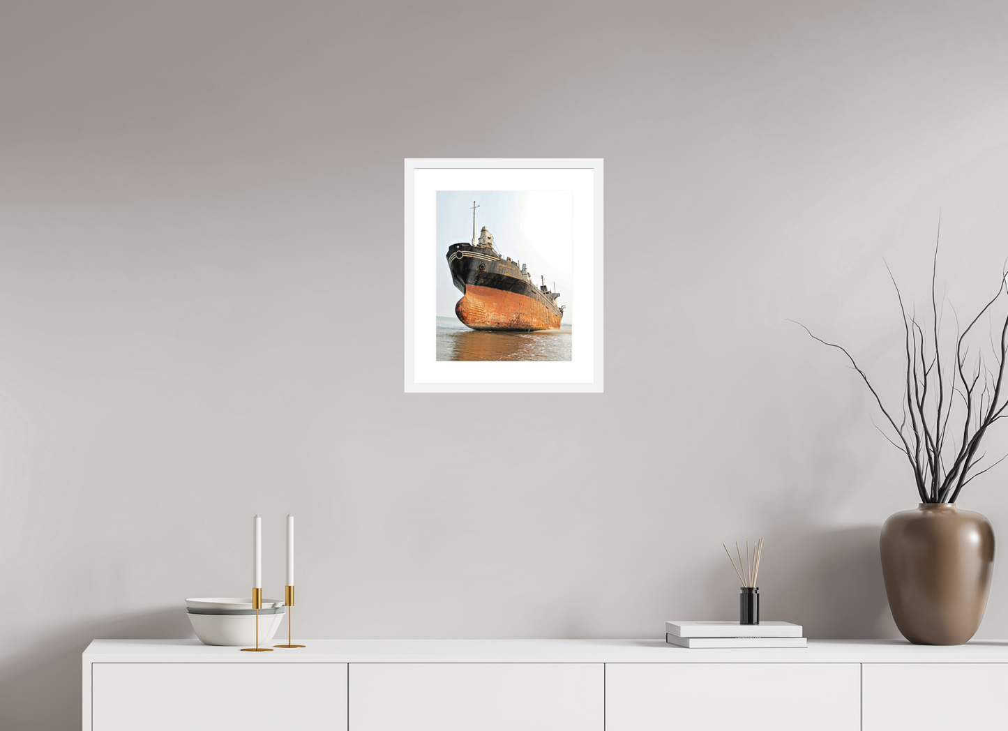 12 x 15″, Solid 0.8" White Wood Frame With 2" Natural White Passe-Partout with Museum Glass Beached Ship Angola