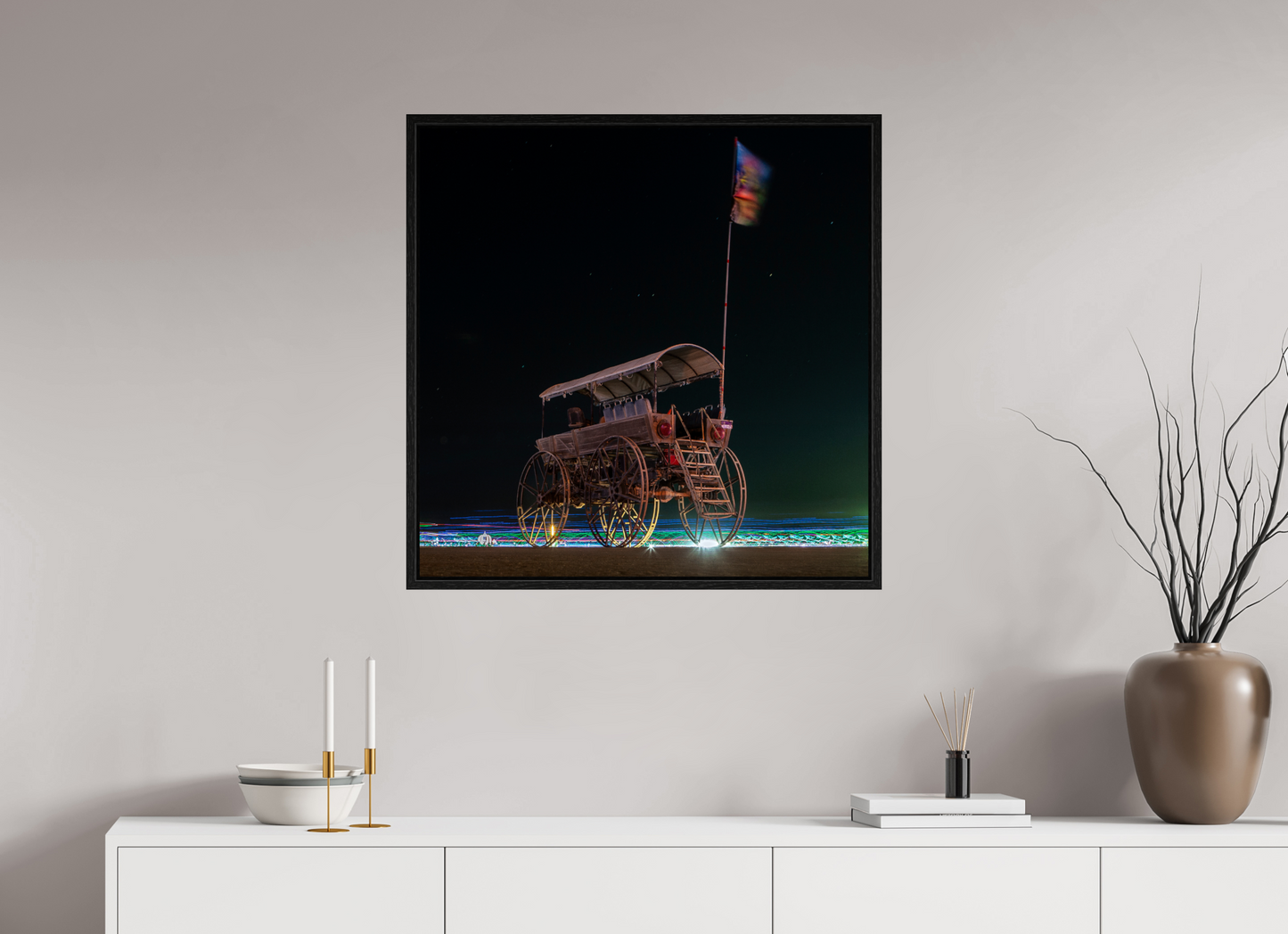 30 x 30″, Floater Frame Burning Man - Art Car with Flag