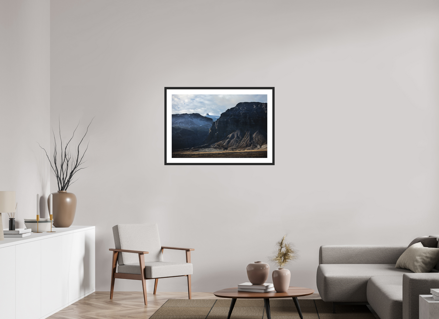 36 x 24″, Solid 0.8" Black Wood Frame With 2" Natural White Passe-Partout with Museum Glass Iceland Black Mountains