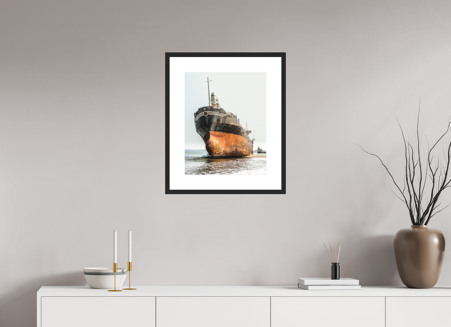 16 x 20″, Solid 0.8" Black Wood Frame With 3" Natural White Passe-Partout with Museum Glass Grounded Ship Angola