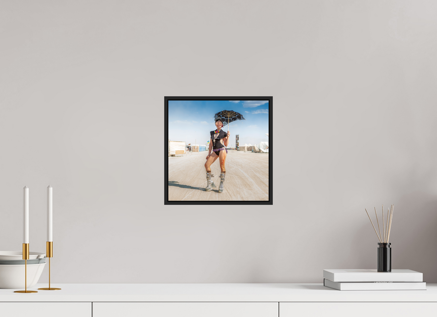 10 x 10″, Black Matte Frame, No Border Burning Man - Attendee with Parasol