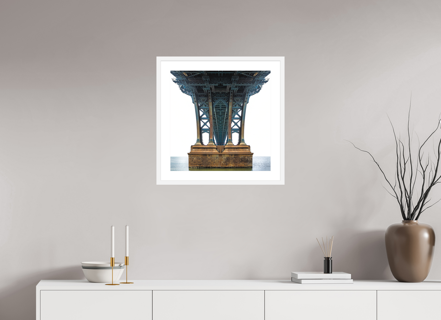 20 x 20″, Solid 0.8" White Wood Frame With 2" Natural White Passe-Partout with Museum Glass Manhattan Bridge