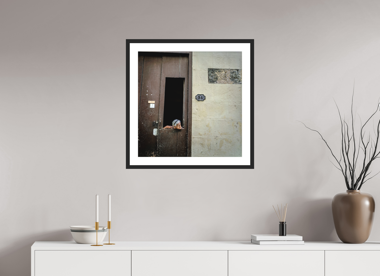 24 x 24.3″, Solid 0.8" Black Wood Frame With 2" Natural White Passe-Partout with Museum Glass Cuban Woman in Window, Havana