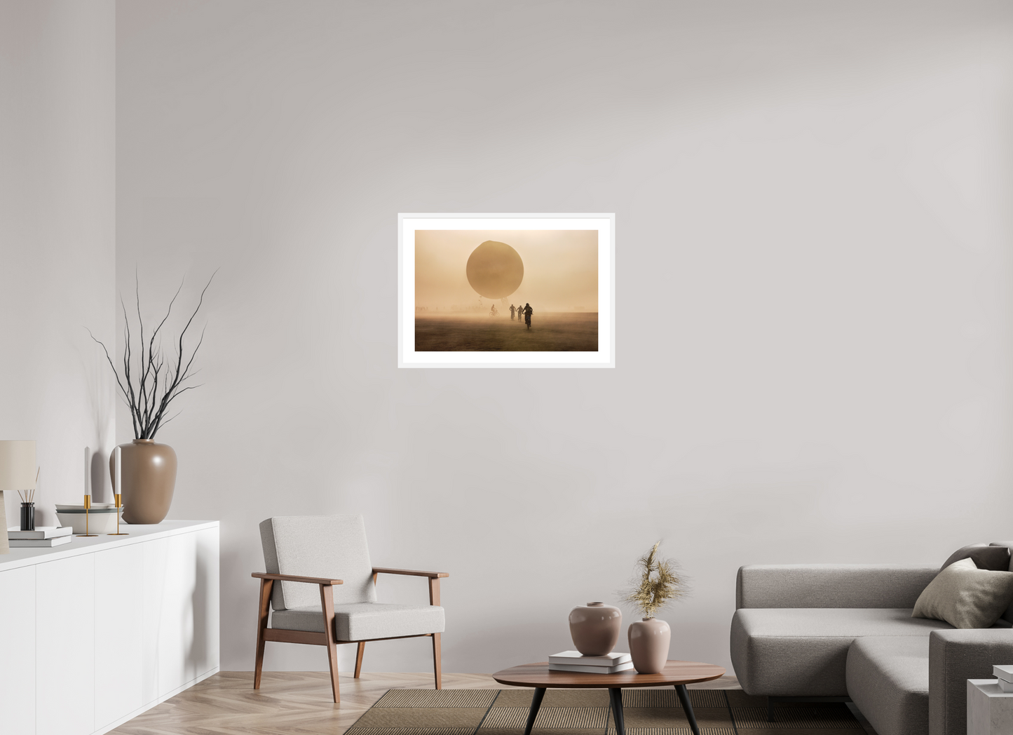 30 x 20″, Solid 0.8" White Wood Frame With 2" Natural White Passe-Partout with Museum Glass Burning Man - Weather Balloon and Bikers