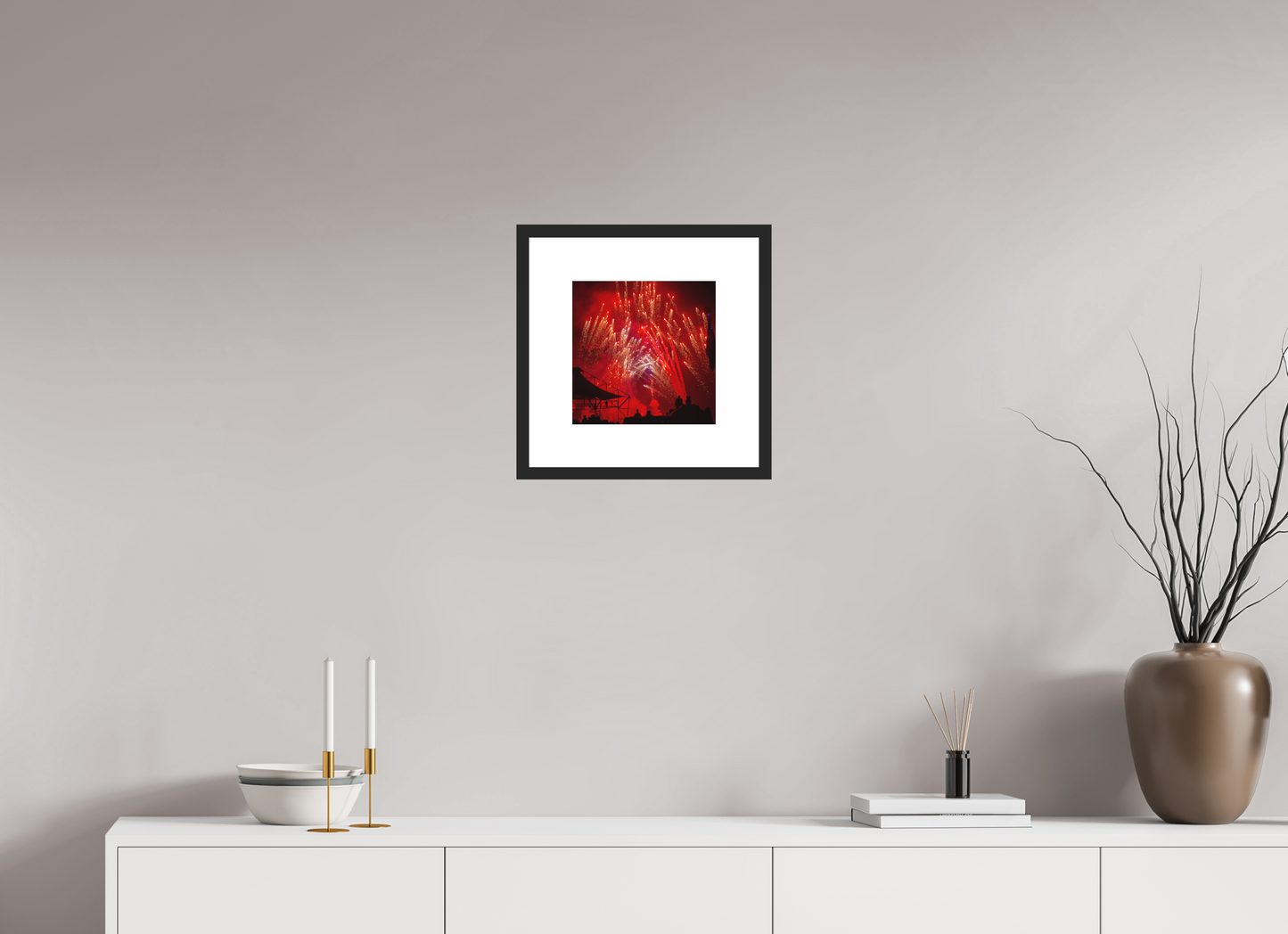 10 x 10″, Solid 0.8" Black Wood Frame With 3" Natural White Passe-Partout with Museum Glass Burning Man - Red Fireworks (square format)