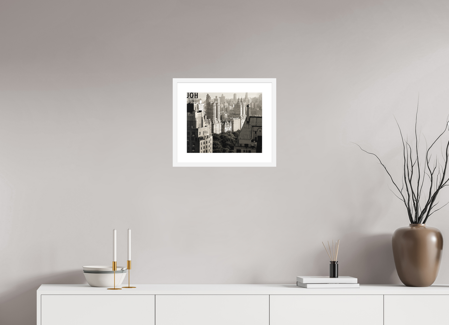 14.8 x 12″, Solid 0.8" White Wood Frame With 2" Natural White Passe-Partout with Museum Glass The Dakota