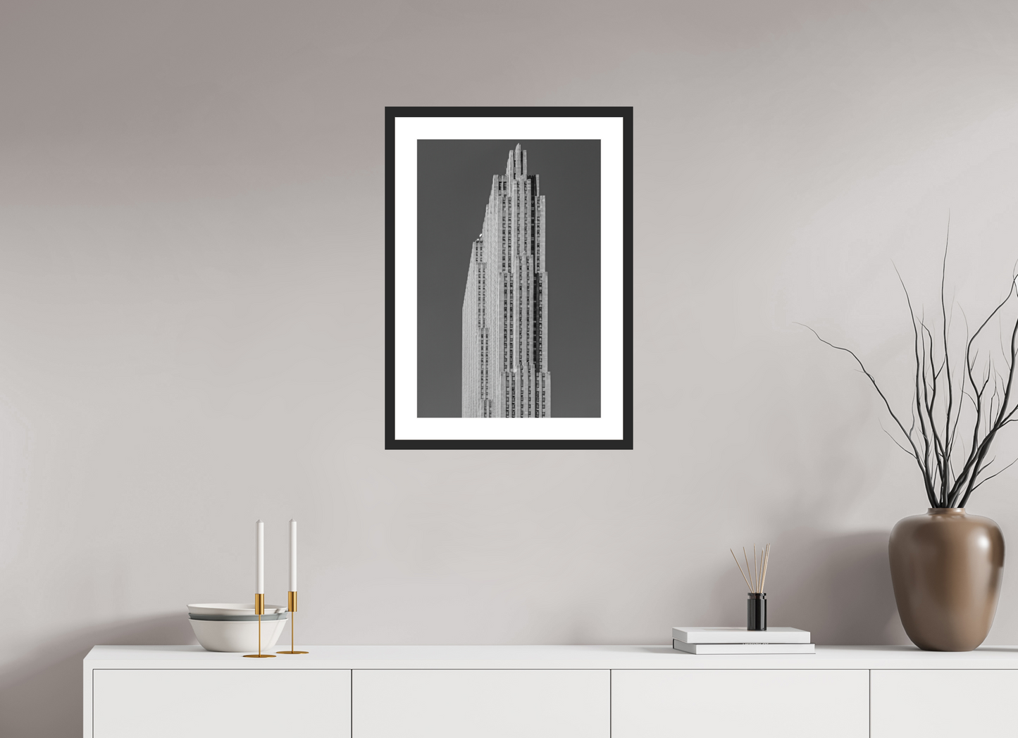 16 x 24″, Solid 0.8" Black Wood Frame With 2" Natural White Passe-Partout with Museum Glass Rockefeller Center