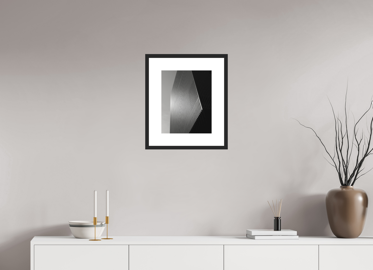 12 x 15″, Solid 0.8" Black Wood Frame With 3" Natural White Passe-Partout with Museum Glass Architectural Facade