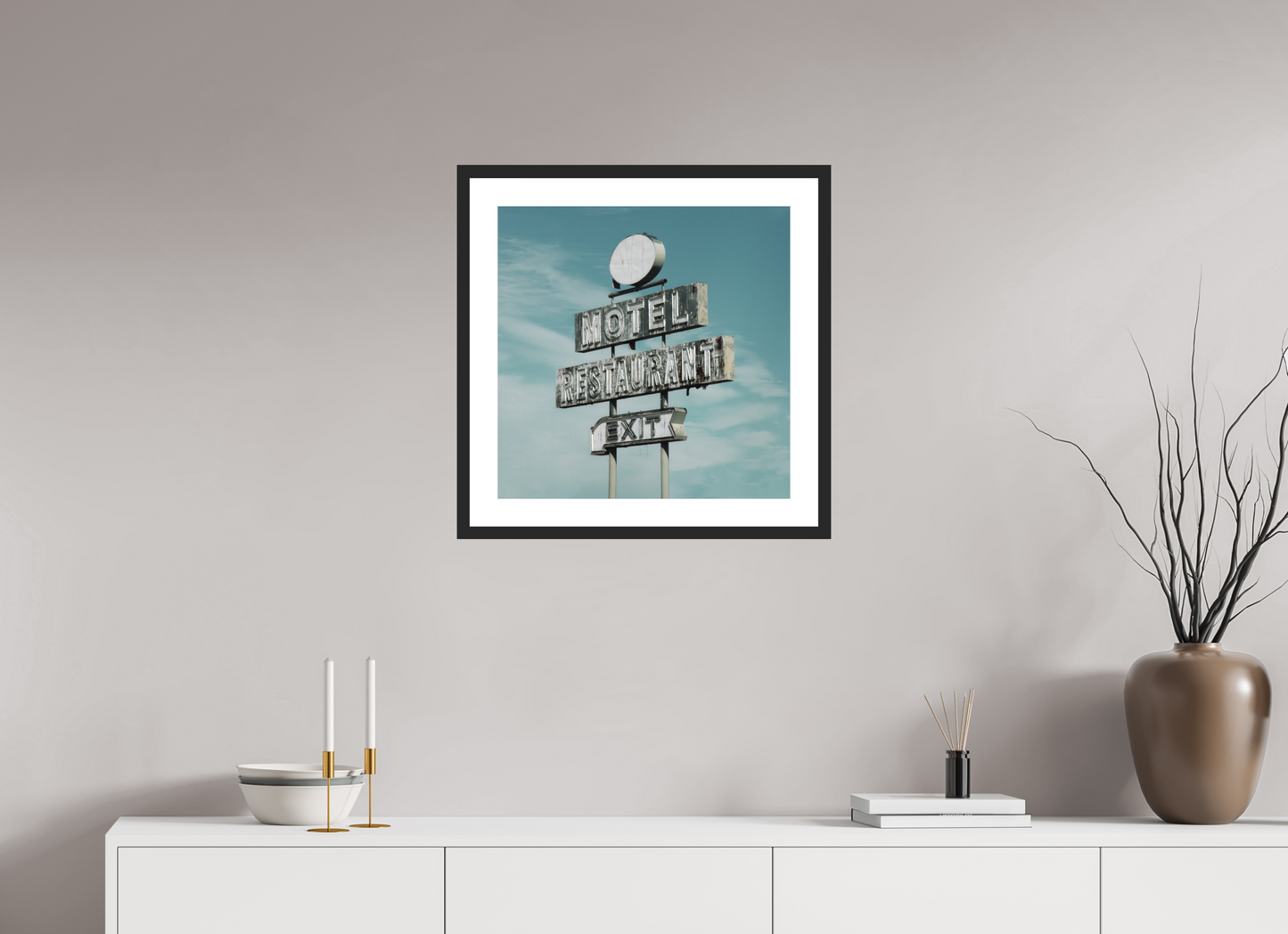 20 x 20″, Solid 0.8" Black Wood Frame With 2" Natural White Passe-Partout with Museum Glass Motel Restaurant Exit Sign