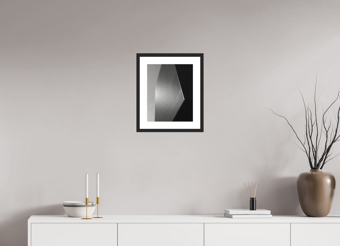 12 x 15″, Solid 0.8" Black Wood Frame With 2" Natural White Passe-Partout with Museum Glass Architectural Facade