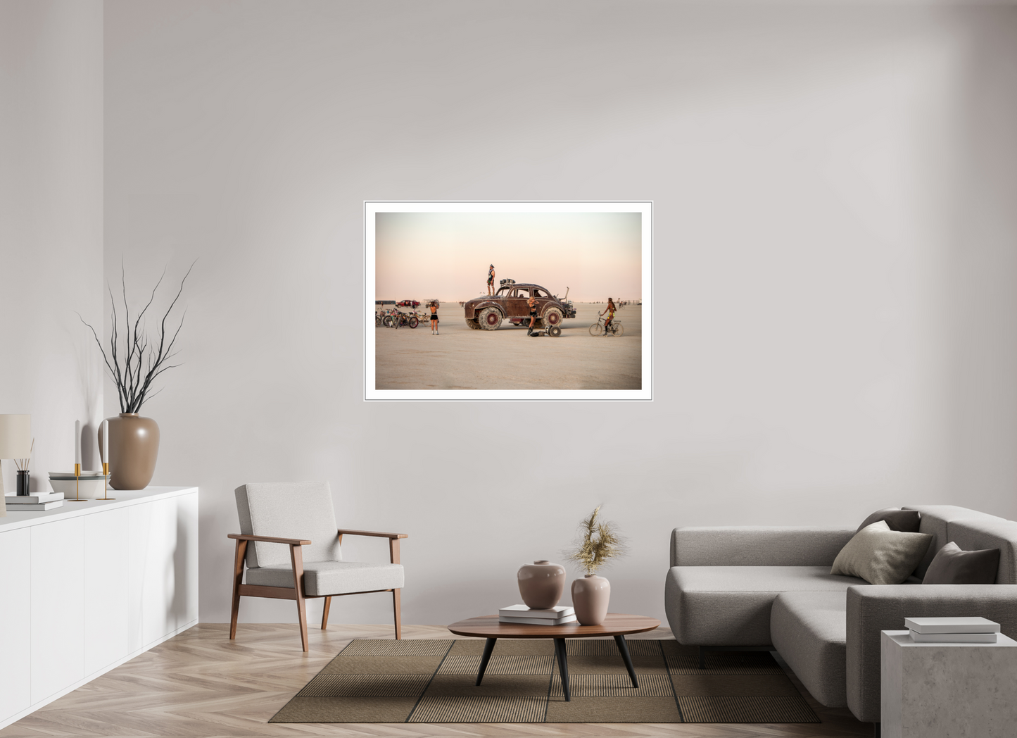 54 x 36″, White Matte Frame Burning Man - Art Car Large VW FF