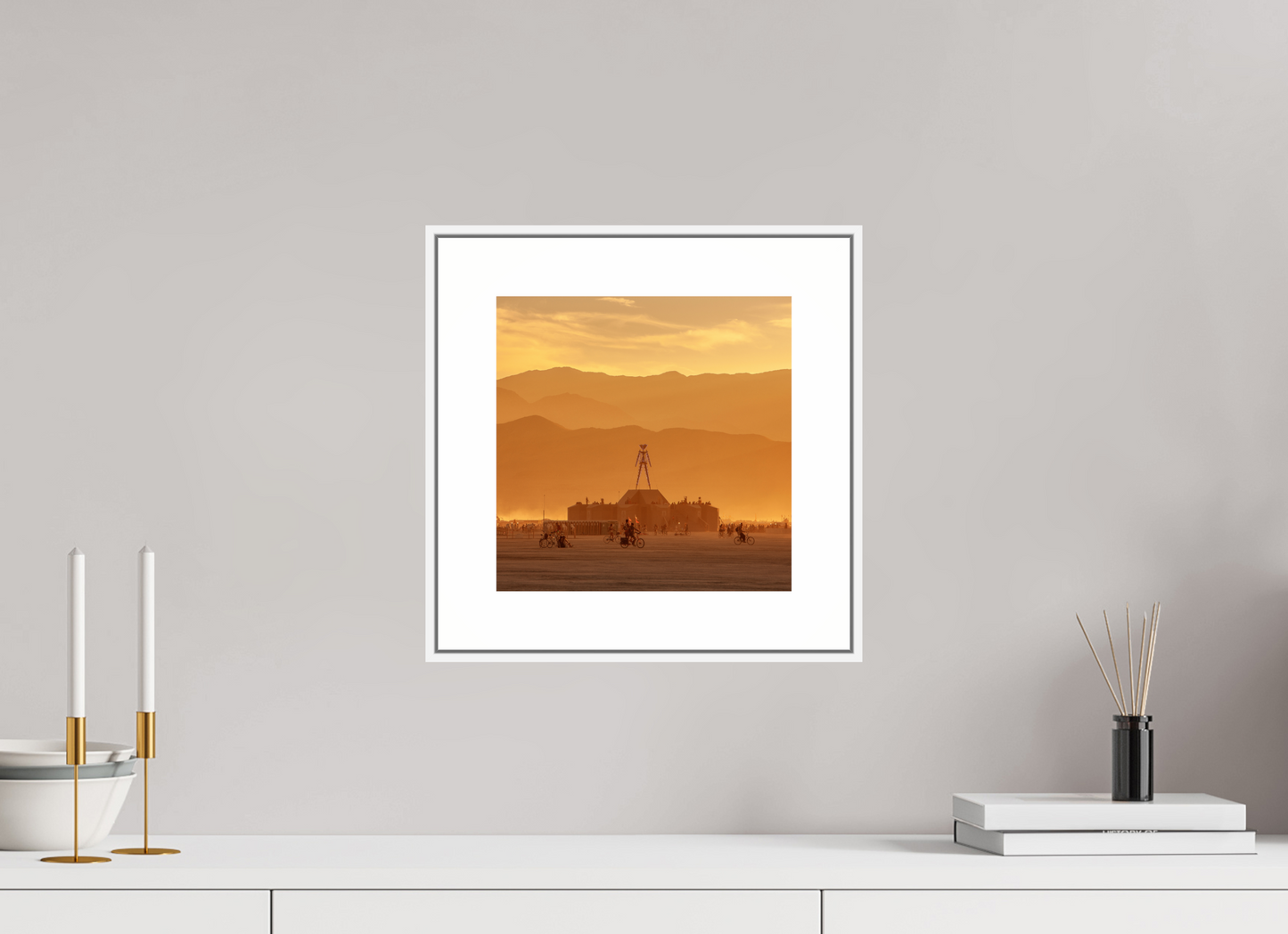 10 x 10″, White Matte Frame Burning Man with Mountains
