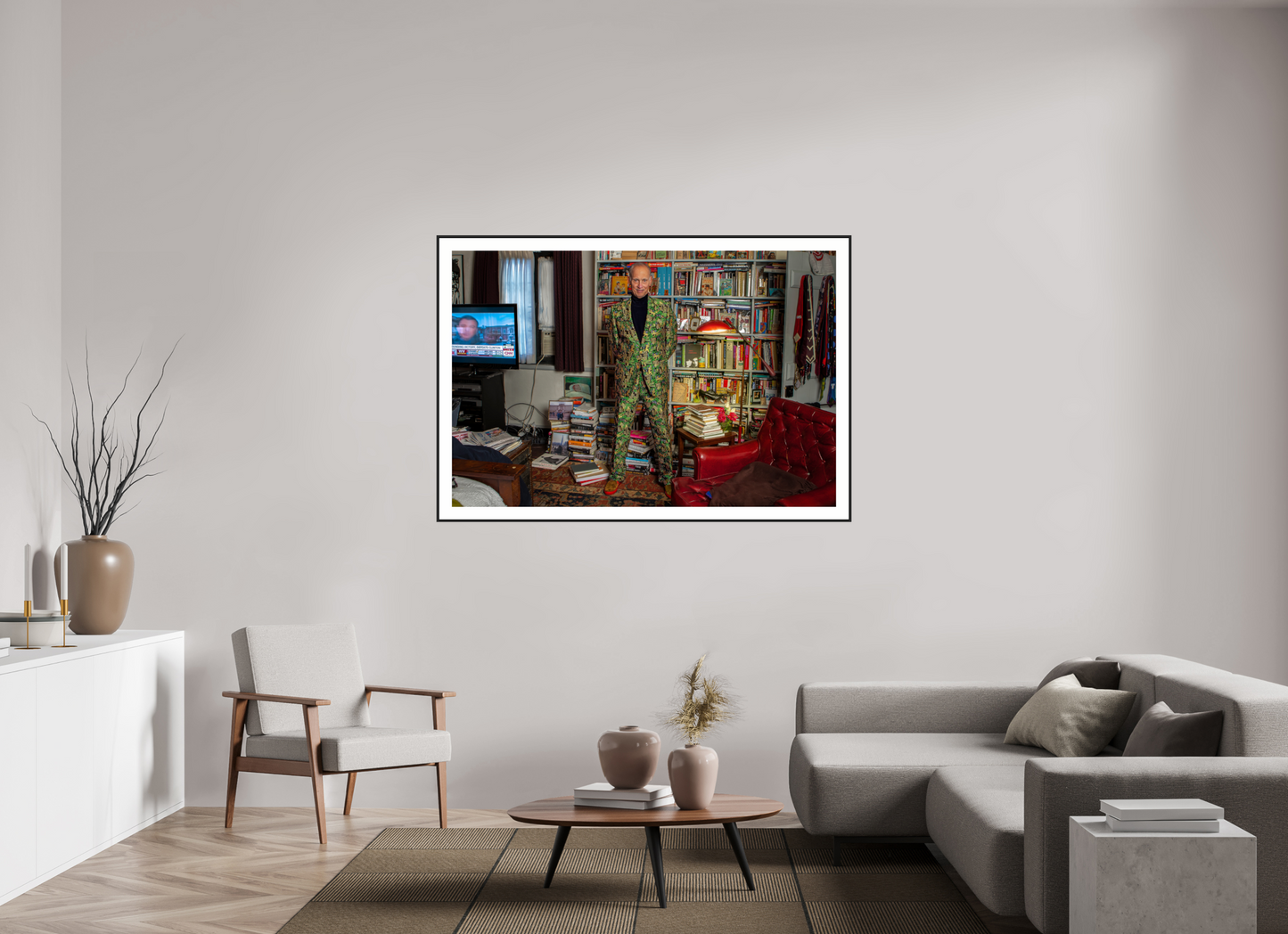 60 x 40″, Black Matte Frame Director John Waters in his Bedroom with TV