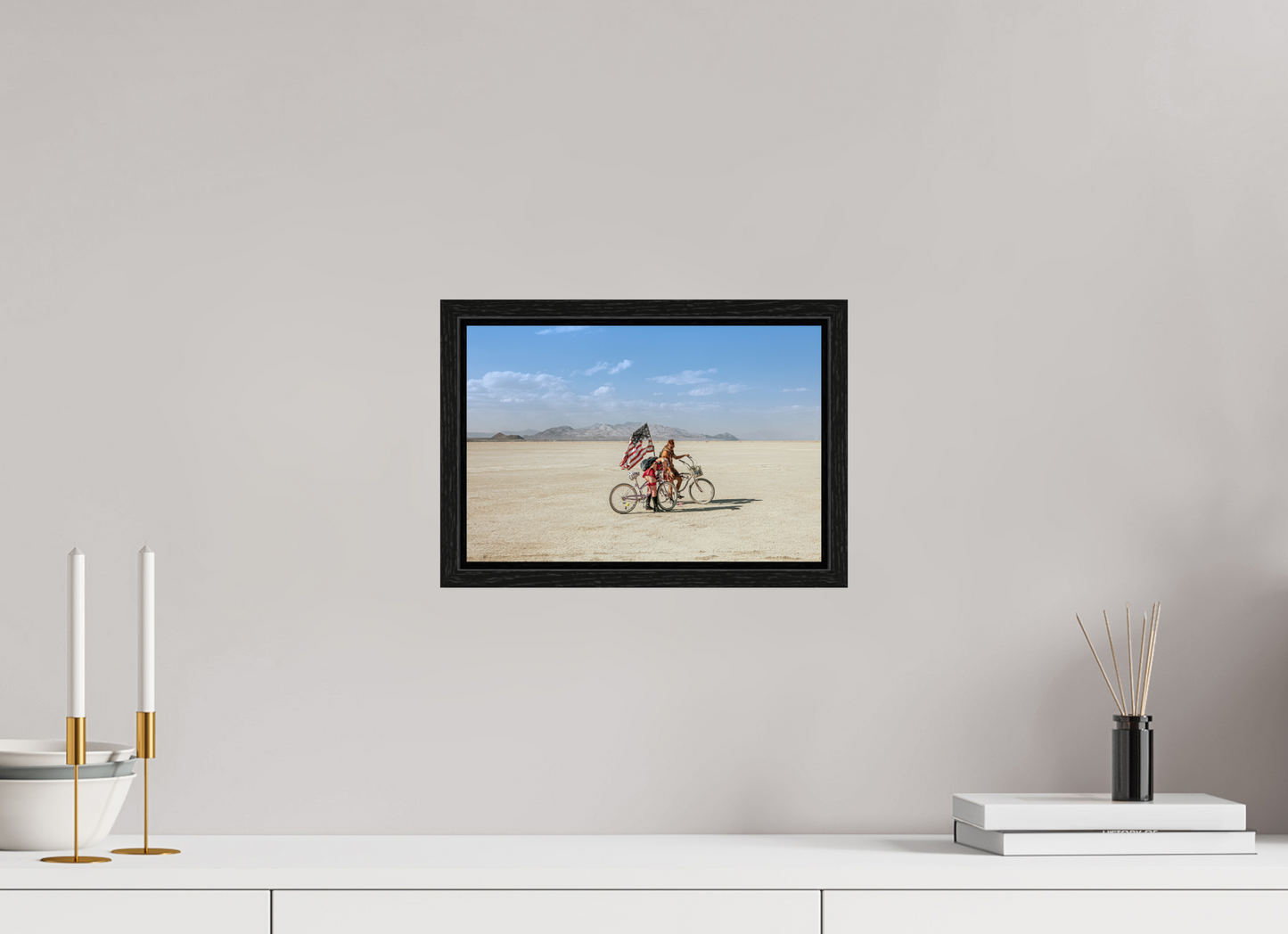 12 x 8″, Floater Frame Burning Man - Two with Bikes and USA Flag