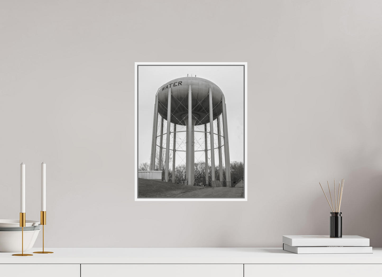 12 x 15″, White Matte Frame, No Border Grey Water Tower