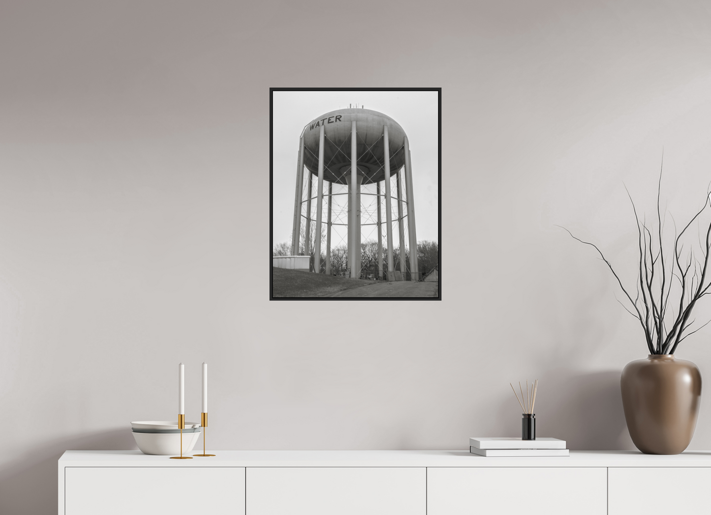20 x 25″, Black Matte Frame, No Border Grey Water Tower