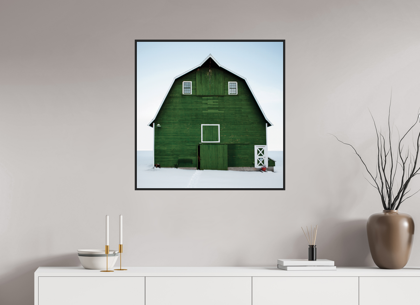 30 x 30″, Black Matte Frame, No Border Green Barn