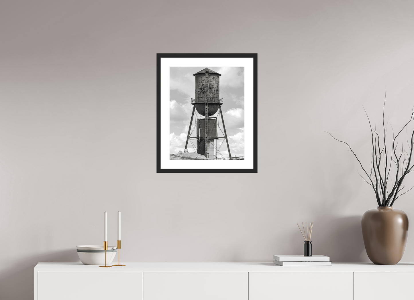 16 x 19.8″, Solid 0.8" Black Wood Frame With 2" Natural White Passe-Partout with Museum Glass Green Water Tower