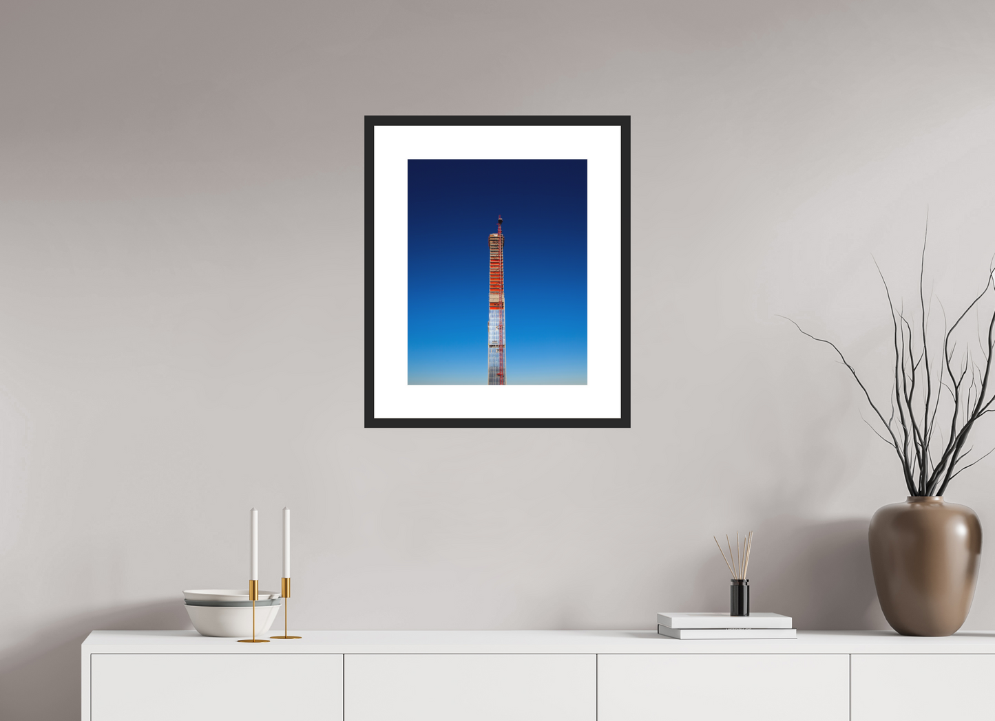 16 x 20″, Solid 0.8" Black Wood Frame With 3" Natural White Passe-Partout with Museum Glass Steinway Tower Under Construction