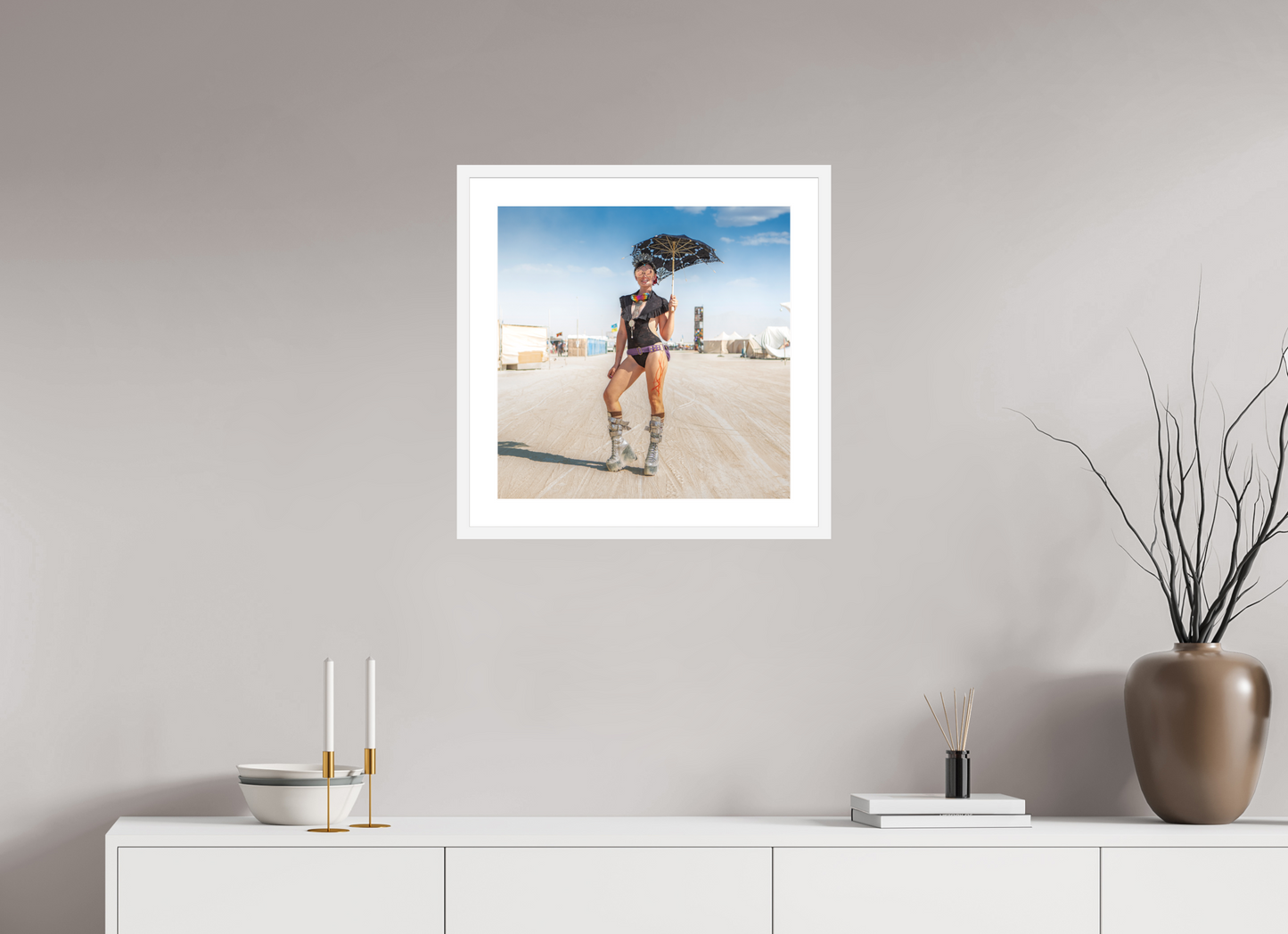 20 x 20″, Solid 0.8" White Wood Frame With 2" Natural White Passe-Partout with Museum Glass Burning Man - Attendee with Parasol
