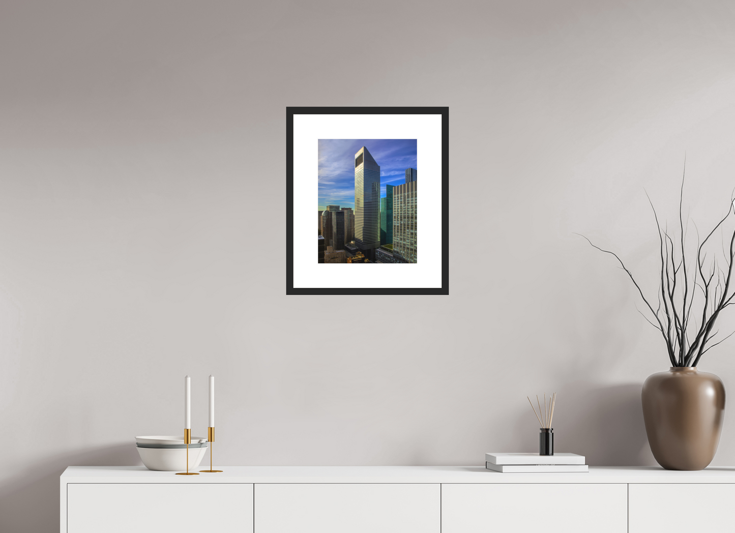 12 x 15″, Solid 0.8" Black Wood Frame With 3" Natural White Passe-Partout with Museum Glass CitiCorp Tower