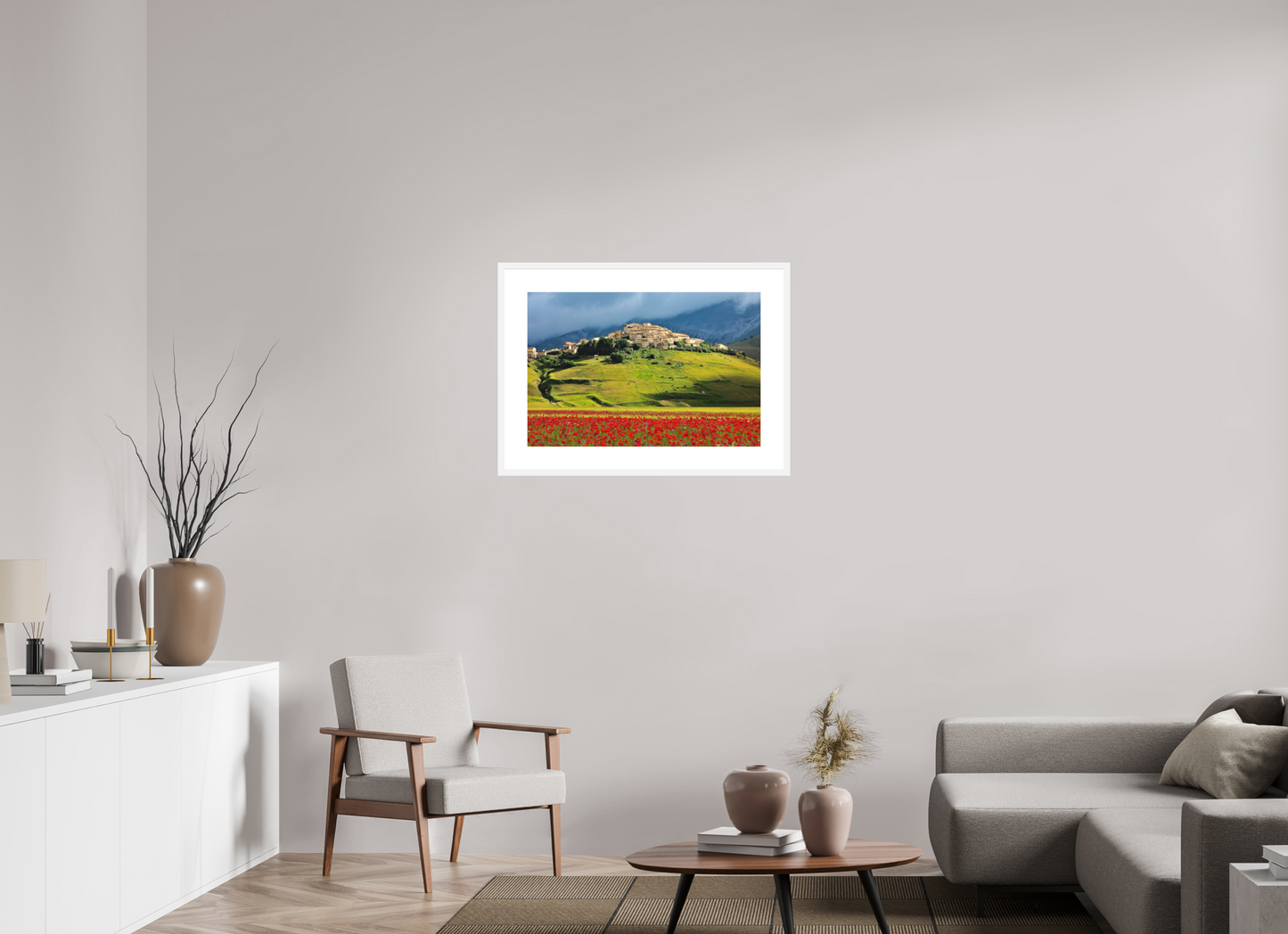 30 x 20″, Solid 0.8" White Wood Frame With 3" Natural White Passe-Partout with Museum Glass Castelucci, Umbrian Landscape