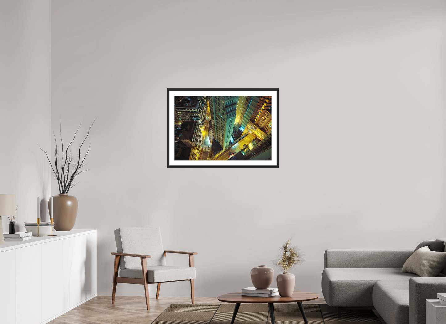 36 x 24″, Solid 0.8" Black Wood Frame With 2" Natural White Passe-Partout with Museum Glass Downtown Hong Kong