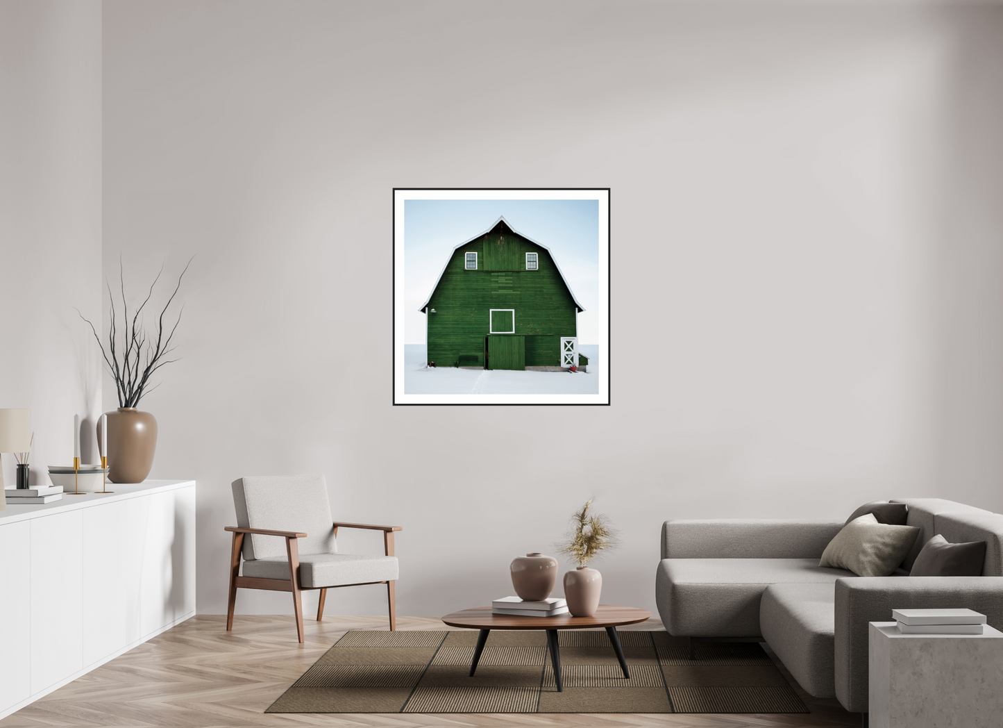 40 x 40″, Black Matte Frame Green Barn