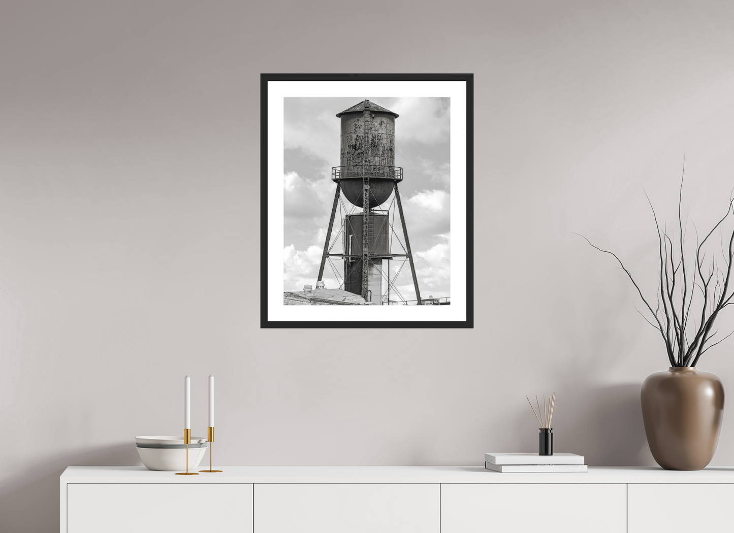 20 x 24.8″, Solid 0.8" Black Wood Frame With 2" Natural White Passe-Partout with Museum Glass Green Water Tower