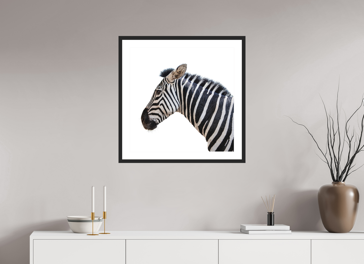 25 x 25″, Solid 0.8" Black Wood Frame With 2" Natural White Passe-Partout with Museum Glass Zebra