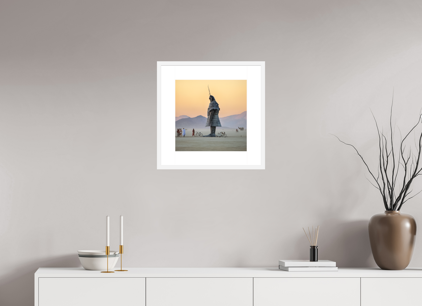 15 x 15″, Solid 0.8" White Wood Frame With 3" Natural White Passe-Partout with Museum Glass Burning Man - The Samurai with Admirer (square format)