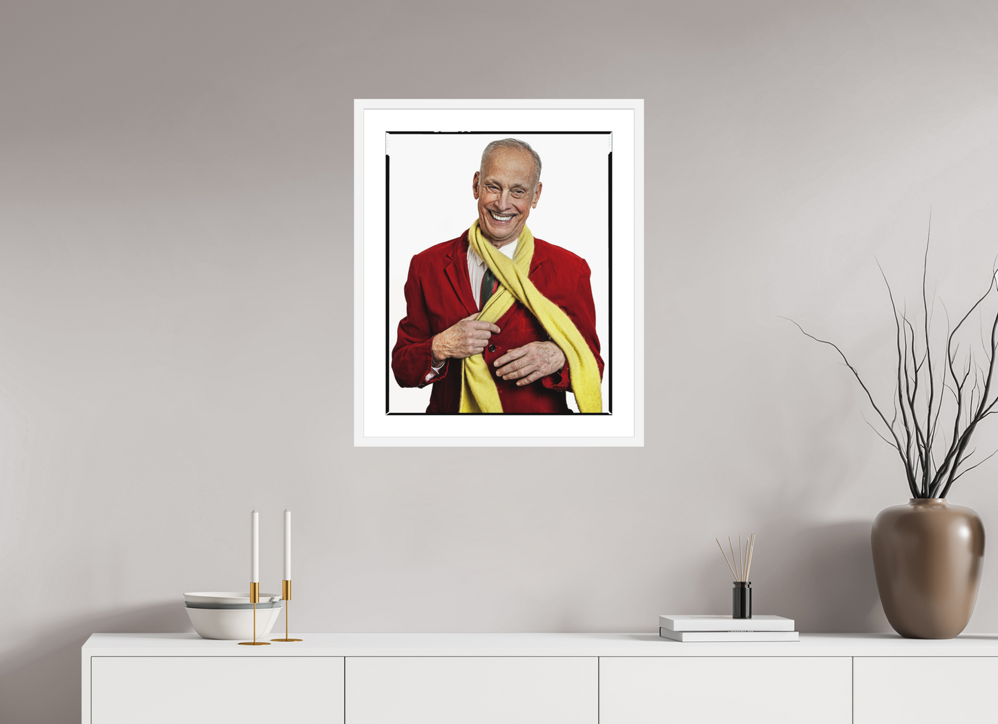 20 x 25″, Solid 0.8" White Wood Frame With 2" Natural White Passe-Partout with Museum Glass Director John Waters in Red Jacket