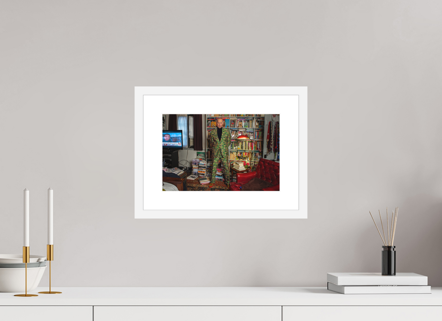 12 x 8″, Solid 0.8" White Wood Frame With 2" Natural White Passe-Partout with Museum Glass Director John Waters in his Bedroom with TV