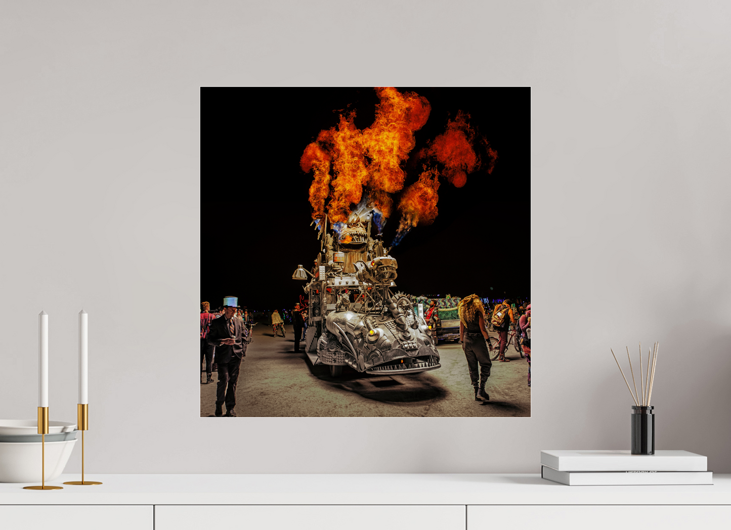 20 x 20″, Frameless Acrylic Glass Burning Man - Art Car with Flames
