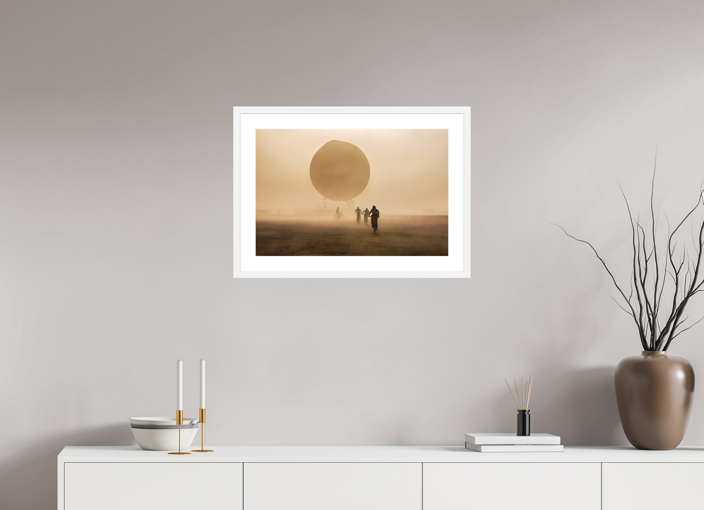 24 x 16″, Solid 0.8" White Wood Frame With 2" Natural White Passe-Partout with Museum Glass Burning Man - Weather Balloon and Bikers