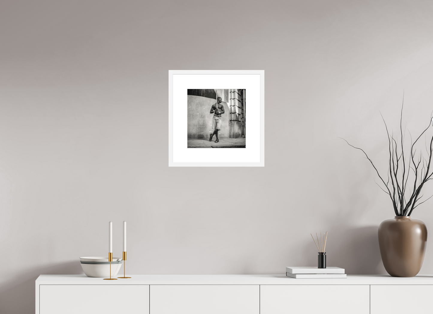 12 x 12.2″, Solid 0.8" White Wood Frame With 3" Natural White Passe-Partout with Museum Glass Cuban Boy Playing Stickball, Havana