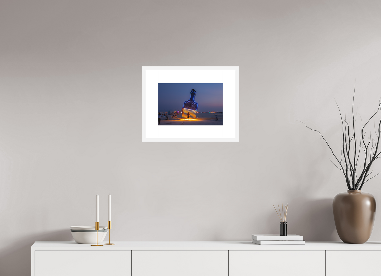 15 x 10″, Solid 0.8" White Wood Frame With 3" Natural White Passe-Partout with Museum Glass Burning Man - Fro Pick