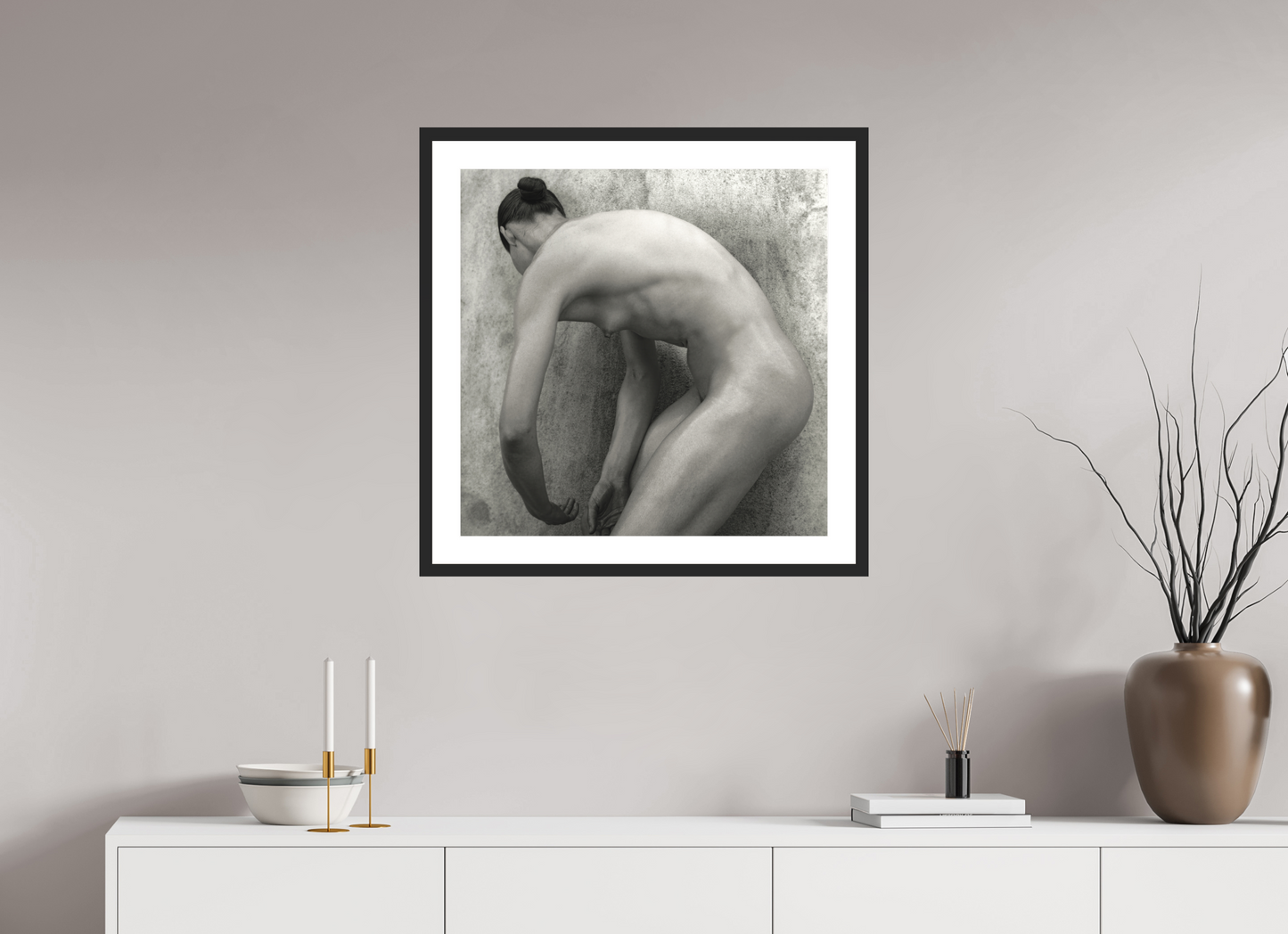 25 x 25″, Solid 0.8" Black Wood Frame With 2" Natural White Passe-Partout with Museum Glass Nude No. 60 - square