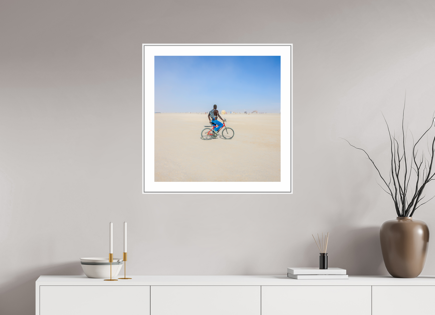 25 x 25″, White Matte Frame Burning Man - Man on Red Bike
