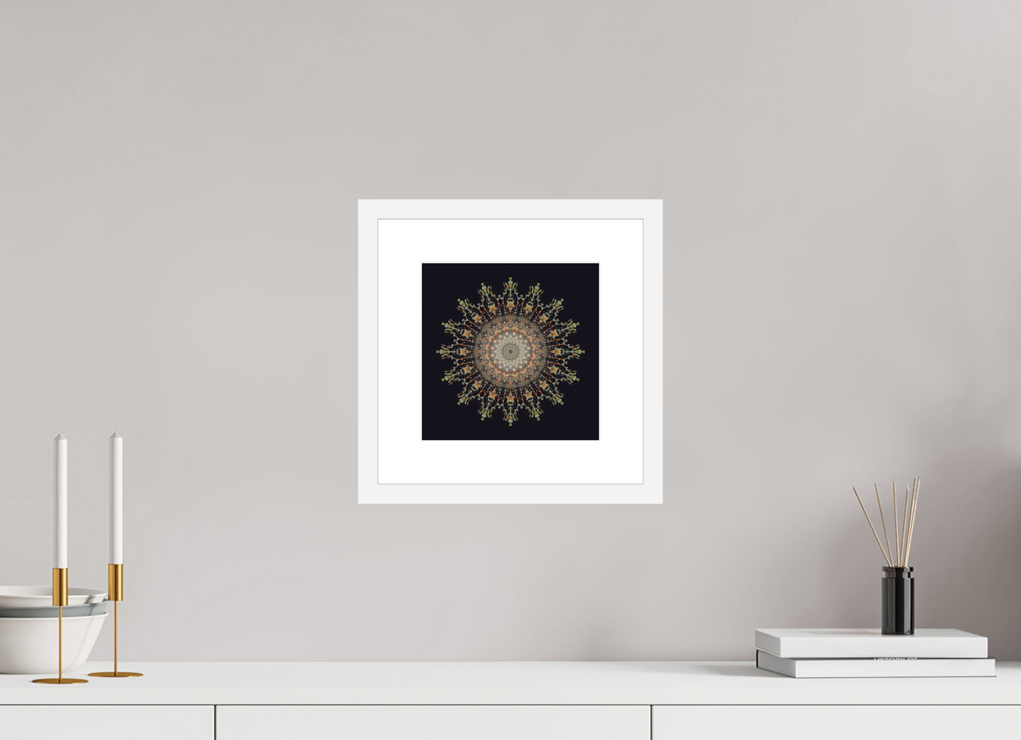 8 x 8″, Solid 0.8" White Wood Frame With 2" Natural White Passe-Partout with Museum Glass Water Mandala No. 4092